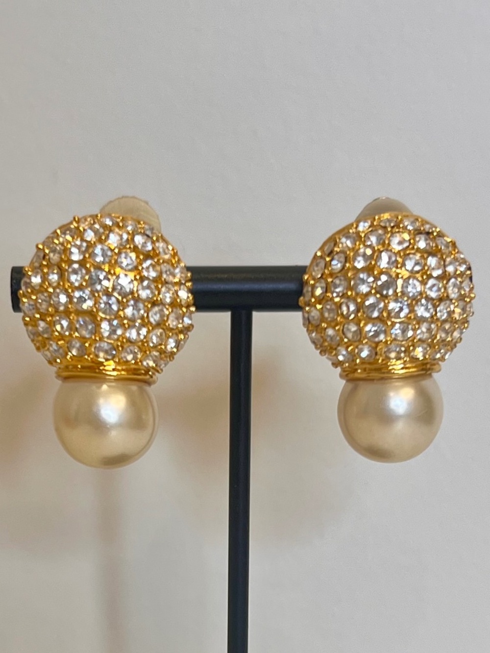Vintage Gold Tone Pave Rhinestone Faux Pearl Statement Clip-On Earrings